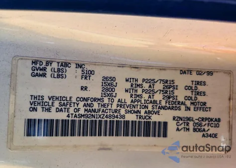 1999 Toyota Tacoma Xtracab Prerunner z USA, uszkodzony, nr VIN 4TASM92N1XZ489438